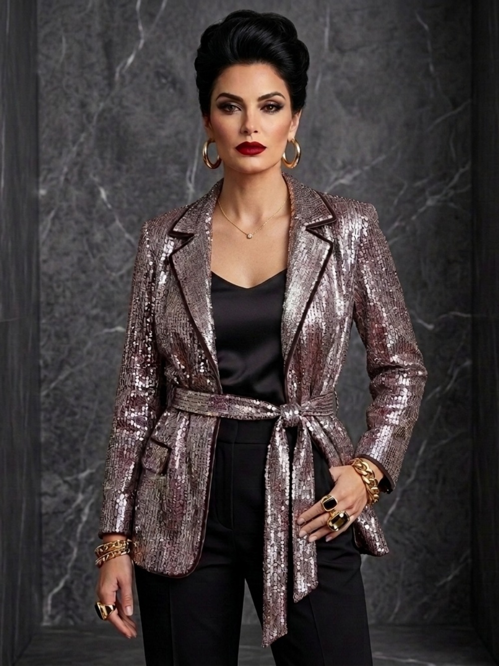 Chico's Sparkling Sequin Snake Print Belted Jacket Blazer Sz L Mob Wife Glam